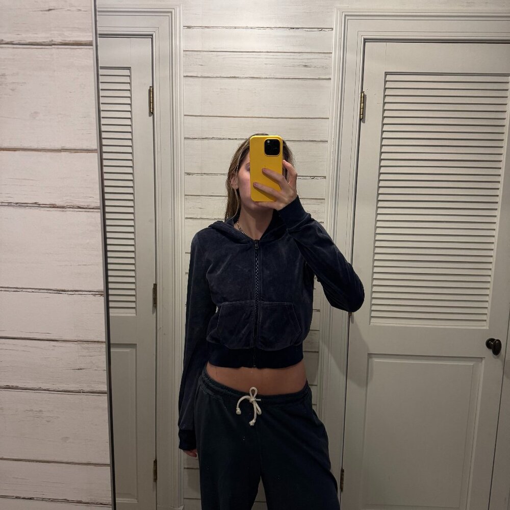 TNA navy blue suede cropped hoodie